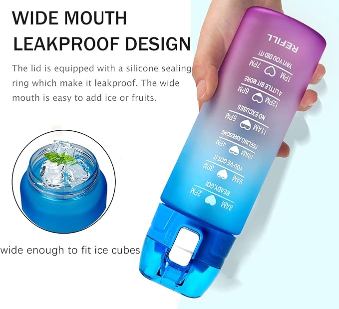 XACIOA Water Bottle with Straw,18oz Plastic Cup with Motivational Time Marker,1L Tritan Sport Lightweight Leakproof BPA-Free,Wide Mouth Fast Flow Ensure You Have Times to Drink,with Straw & Cup Brush