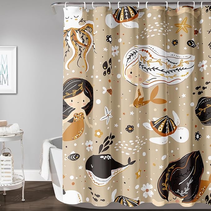 AILONEN Mermaid Shower Curtain,Octopus Whale Retro Mermaid Bath Curtain,Ocean Beach Polyester Waterproof for Bathroom,48" W*72" H with 12 Plastic Hooks