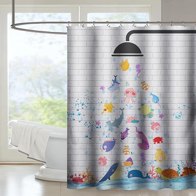 AILONEN Cute Fish Shower Curtain for Kids 72" W*96" H Inch,Raining Marine Animal Playing Water Shower Curtains,12 Pack Hooks Polyester Waterproof Fabric Decor for Bathroom Bathtub Panels