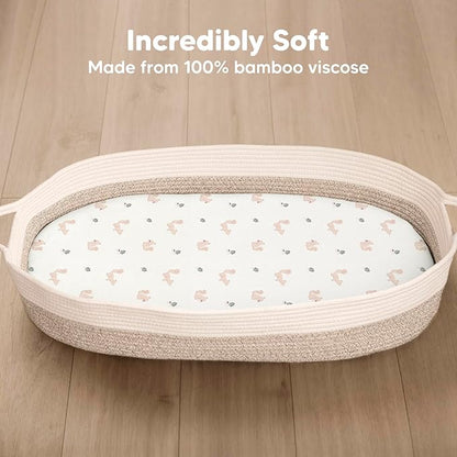 2-Pack Baby Bassinet Sheets Girl,Boy-Viscose Derived from Bamboo Fitted Bassinet Sheets Compatible with Halo Bassinest Swivel Sleeper,Baby Delight,Graco Bedside Bassinet Mattress Sheet(Nibbles/Bruce)