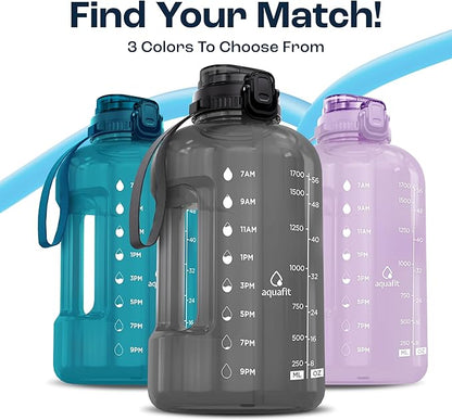 AQUAFIT 64 oz Water Bottle with Time Marker - BPA Free Half Gallon Water Bottle with Straw - Gym Water Bottle with Handle, Gallon Water Jug, Big Water Bottle, Large Water Bottle (Gray, 2in1 Lid)