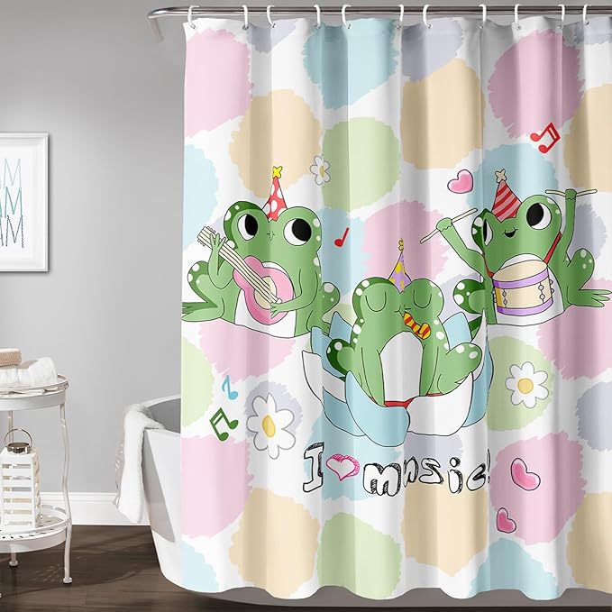 AILONEN Frog Shower Curtain, Cute Frog Bathroom Curtain,Music Frog Green Cartoon Kids Shower Curtain 72" W*72" H Polyester Waterproof Frog Bathroom Curtain with 12 Hooks