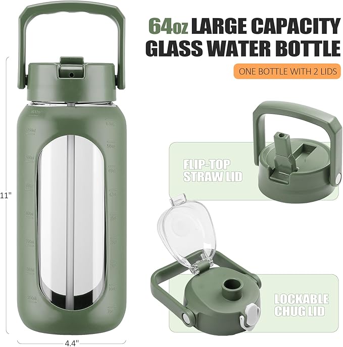 BLUEGO 64oz Glass Water Bottles with 2 Lids Flip Lid and Spout Lid Half Gallon Water Bottle with Straw 2L Large Water Bottle with Time and Capacity Markers for Gym Home Office Leak-proof, Oliver