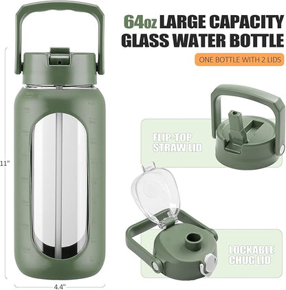 BLUEGO 64oz Glass Water Bottles with 2 Lids Flip Lid and Spout Lid Half Gallon Water Bottle with Straw 2L Large Water Bottle with Time and Capacity Markers for Gym Home Office Leak-proof, Oliver