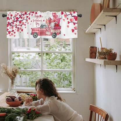 Happy Valentine's Day Valances Kitchen Curtains for Windows,Valentines Gnomes Farmhouse Trucks Rod Pocket Valances Pink Hearts Tree Decor Short Curtains for Bedroom/Living Room,54" X 18" -1 Panel
