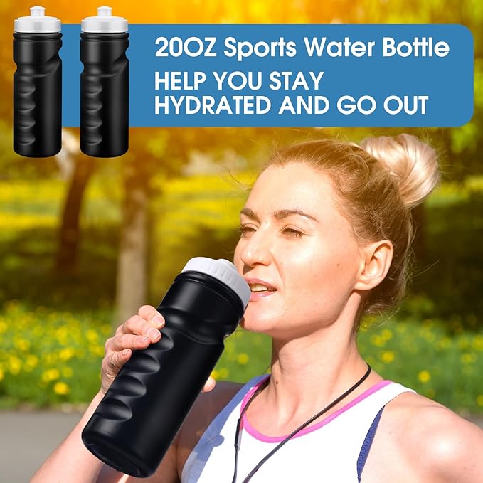 24 Pcs Sports Water Bottles Bulk 20 oz Squeeze Bottle Black Reusable Plastic Water Bottles with Pull Top Cap Leak Proof Water Bottles for Adults Kids Gym, Hiking, Camping, Outdoor Sports