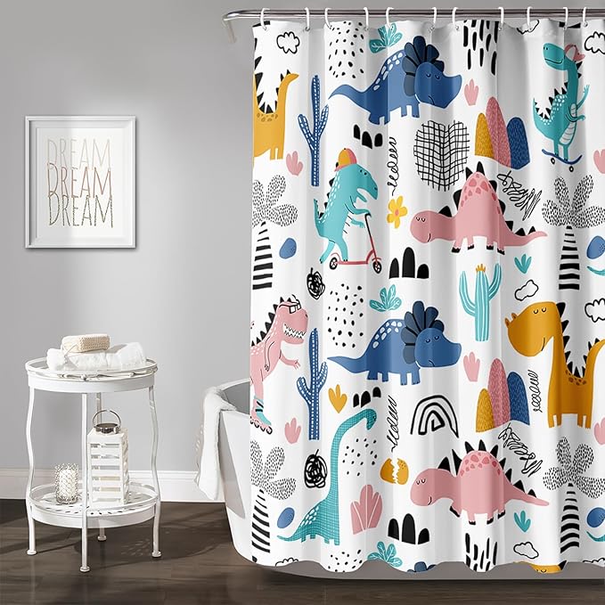 AILONEN Dinosaur Shower Curtain for Kids Boys,Cartoon Dinosaur Bath Curtain 72" W*78" H,Cactus Rainbow Dinosaur Waterproof Shower Curtain with 12 Plastic Hooks