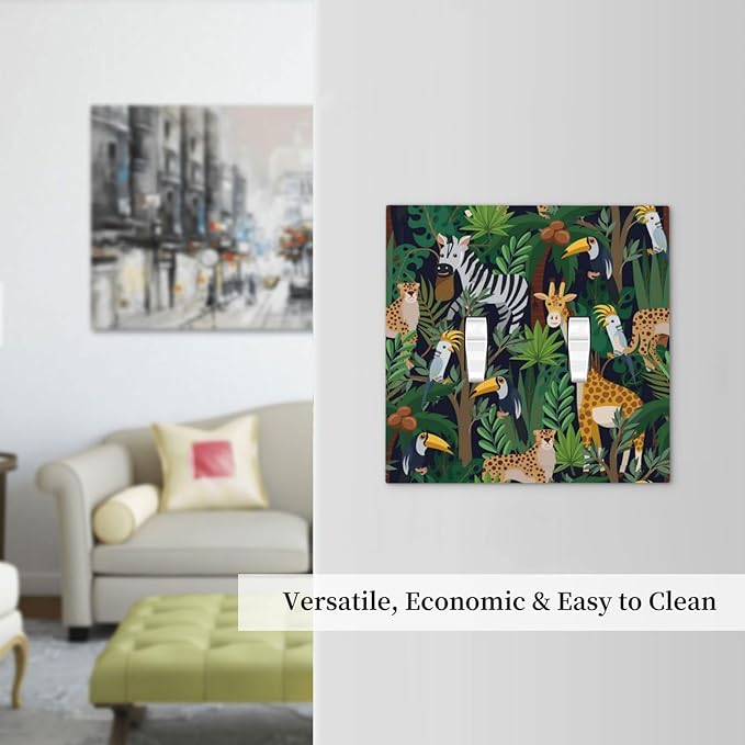 Cartoon Animal Zebra Leopard Giraffe Bird Leaf Double Toggle Nursery Light Switch Covers Decorative 2 Gang Wall Plate Dual Electrical Faceplate Switchplate for Kidroom Living Room Decor