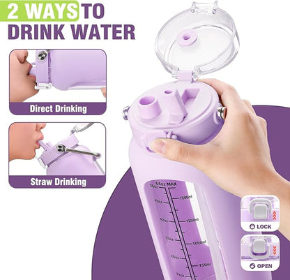 Kytffu 64 oz Glass Water Bottle with Straw and Stainless Steel Handle, Half Gallon Water Bottle with Silicone Sleeve and Time Marker, 2L Large Glass Bottle for Gym, School, Travel, Leak-proof (Purple)