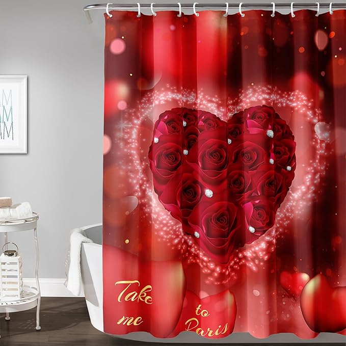 AILONEN Red Rose Hearts Printed Shower Curtain,Romantic Rose Lover Couple Bath Curtain,Fantasy Love Hearts Red Curtain for Bathroom Decor 48" W x 72" H,Waterproof