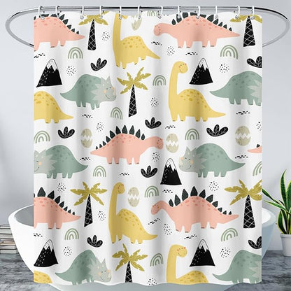 AILONEN Dinosaur Shower Curtain for Kids Boys Girls, Cute Kawaii Dinosaur Bathroom Curtain,Tropic Tree Leaves Printed Bath Curtain 48" W*72" H Polyester Waterproof Bathroom Curtain with 12 Hooks