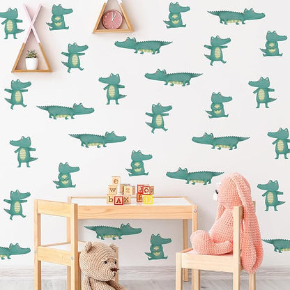 5 Sheets Cartoon Animal Wall Decal Removable DIY Green Small Crocodile Wall Decal Peel and Stick Jungle Animals Wall Stickers Wall Art for Baby Nursery Bedroom Living Room Playroom Decor