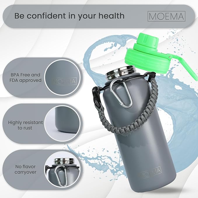 32oz Insulated Water Bottle with Paracord Handle and Straw, Stainless Steel Cup with 2 Lids & Straw, BPA-Free, Thermo Bottle Double Wall Vacuum Insulation, for Gym, Sports (Graphite)