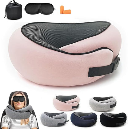 2024 Memory Foam Neck Pillow 360 Degree Neck Support Travel Pillows for Airplanes and Long Flight Travel Neck Pillow (Pink-with Strap)