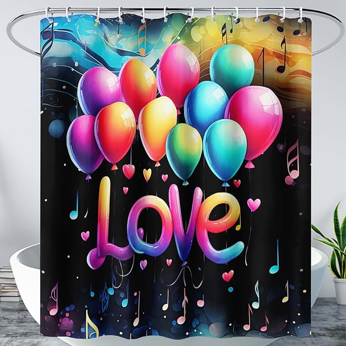 AILONEN Love Theme Shower Curtain for Bathroom, Romantic Rainbow Balloon Tie Dye Bath Curtain for Kids Girls Women,Abstract Music Black Shower Curtain Waterproof with 12 Plastic Hooks, 48" W*72" H