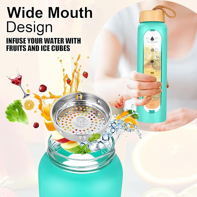 32 Oz Borosilicate Glass Water Bottle with Times to Drink | BPA Free - Reusable Wide Mouth Glass Motivational Water Bottles with Infuser & Silicone Sleeve (SHINY GREEN)