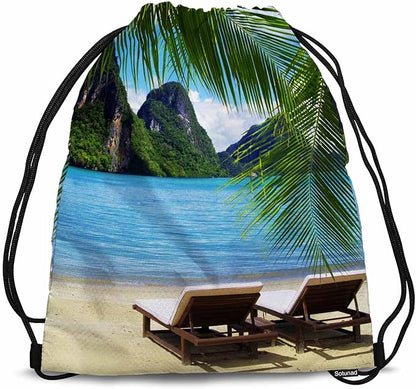 Summer Beach Drawstring Bags Sports Bag Two Beach Chairs Blue Sea Green Palm Distant Mountain Warm Sun Draw String Back Bag Men Women Adults 14x16.9 Inch