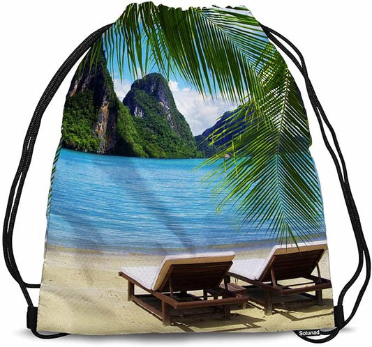 Summer Beach Drawstring Bags Sports Bag Two Beach Chairs Blue Sea Green Palm Distant Mountain Warm Sun Draw String Back Bag Men Women Adults 14x16.9 Inch