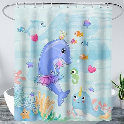 AILONEN Cute Dolphin Shower Curtain for Bathroom, Dolphin Fish Ocean Bath Curtain,Modern Minimalist Blue Waterproof Fabric Shower Curtain Set with Hooks 72" W*72" H