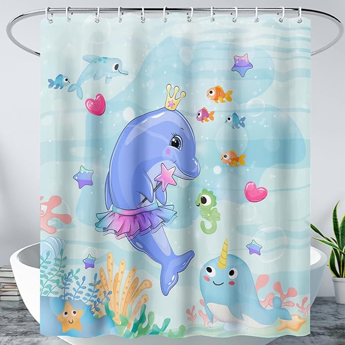 AILONEN Cute Dolphin Shower Curtain for Bathroom, Dolphin Fish Ocean Bath Curtain,Modern Minimalist Blue Waterproof Fabric Shower Curtain Set with Hooks 36" W*72" H