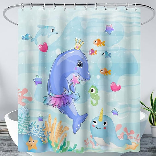 AILONEN Cute Dolphin Shower Curtain for Bathroom, Dolphin Fish Ocean Bath Curtain,Modern Minimalist Blue Waterproof Fabric Shower Curtain Set with Hooks 60" W*72" H