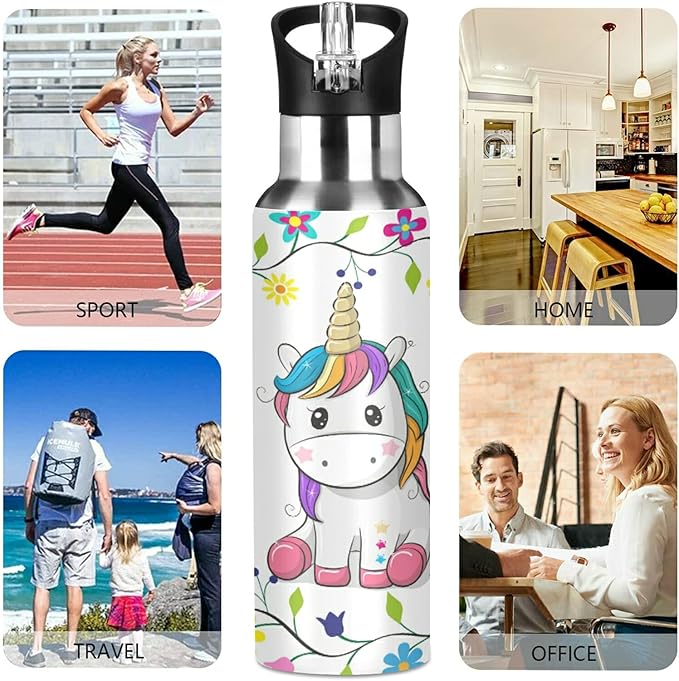 xigua Cute Cartoon Unicorn Water Bottle, BPA Free Stainless Steel Water Bottle Leak-Proof Sports Bottle for Camping Workouts Gym and Outdoor Activity, 22oz