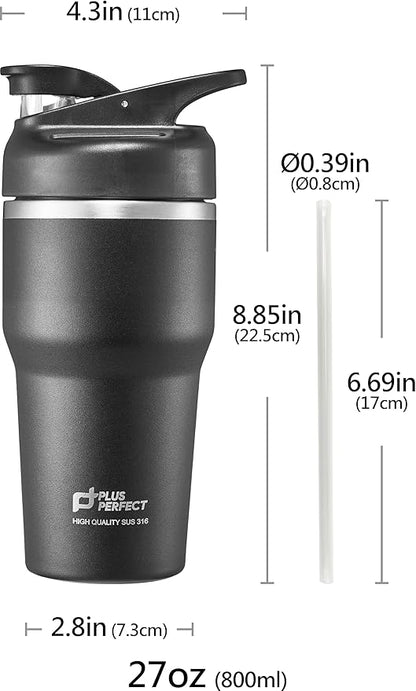27 OZ 316 Stainless Steel Vacuum Insulated Travel Mug With Leak Proof Flip For Both Straw & Spout, Double Walled Seamless to Keep Hot And Cold, Black