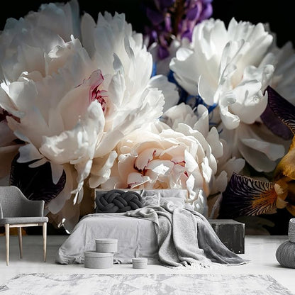 White Peony Flower and Black Background Wallpaper for Bedroom Wall Decor (Not Peel and Stick)