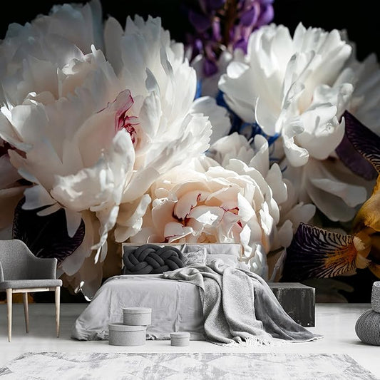White Peony Flower and Black Background Wallpaper for Bedroom Wall Decor (Not Peel and Stick)