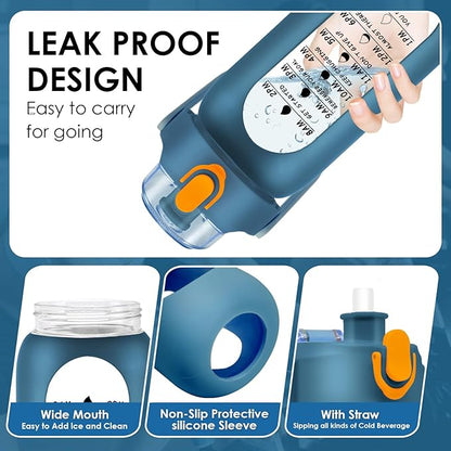 32 oz Glass Water Bottle with Time Marker - 1000ml Large Sports Motivational Water Bottles with Handle & Silicone Case, 1 Liter Leak-proof Measured Drinking Bottle for Gym Fitness Workout (Deep Blue)