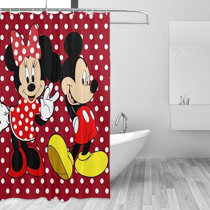 Cartoon Mouse Shower Curtain Children Kids Bath Curtain Cute Animal Red Bathroom Home Decor Waterproof Polyester Fabric 72Lx72W Inch with 12 Pack Hooks