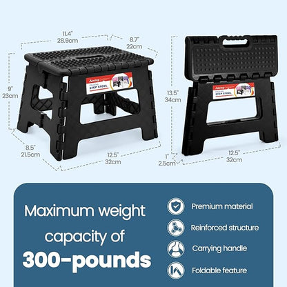 ACSTEP 9 Inch Folding Step Stool 300 LB Capacity Non Slip Foot Stool with Handle Plastic Foldable Step Stools for Kids Stepping Stool for Bathroom Black Small Step Stool (1 PC Black)