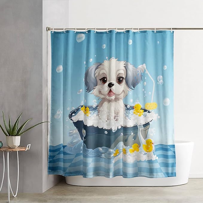 AILONEN Cartoon Bathtub Dog Shower Curtain for Kids 72" W*78" H Kawaii Shower Puppy and Duck Shower Curtain,Polyester Waterproof Fabric Decor for Bathroom Bathtub Panels