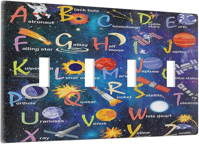 ABC Outer Space Quad Toggle Light Switch Cover Decorative Alphabet Galaxy Boys Educational 4 Gang Wall Plate Electrical Faceplate Switchplate for Kidroom Nursery Boyroom Living Room Decor