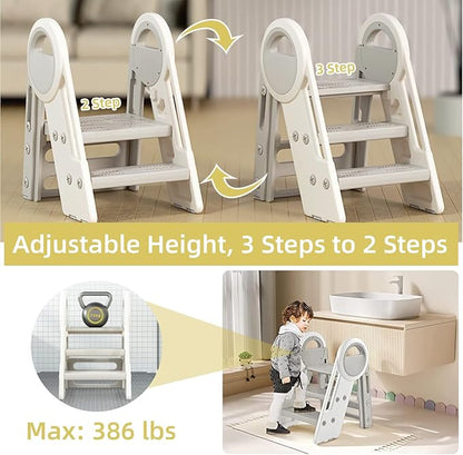 Nisorpa Foldable 3 Step Stool, Adjustable Step Stool, Toddler Helper Stool with Handles, Non-Slip Toilet Potty Training Stool, Plastic Ladder for Bathroom Sink Kitchen (3 & 2 Step Adjustment)