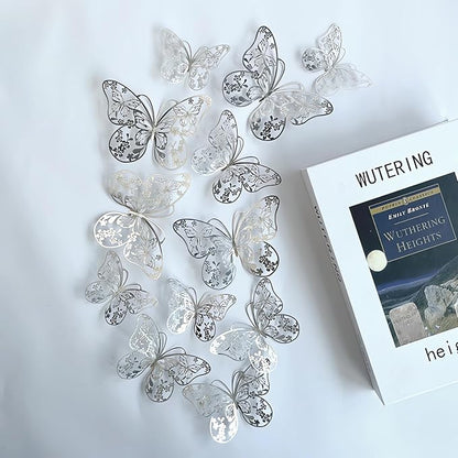 3D Butterfly Wall Decor 3 Sizes 4 Styles, Kurilai 48Pcs Butterfly Decorations Party Birthday Cake Decoration, Removable Wall Stickers for Kids Nursery Wedding Bedroom Room Decor (Silver)