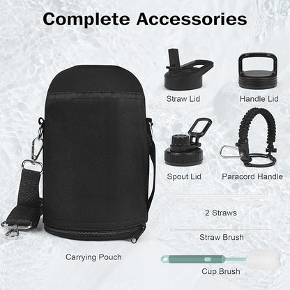 Insulated Water Bottle 64 oz with Straw Lid (3 Lids), Half Gallon Jug Flask, Large Metal Stainless Steel Bottle, 64 oz Double Wall Vacuum Sports Thermo Mug, Cold 48H Hot 24H (Black)