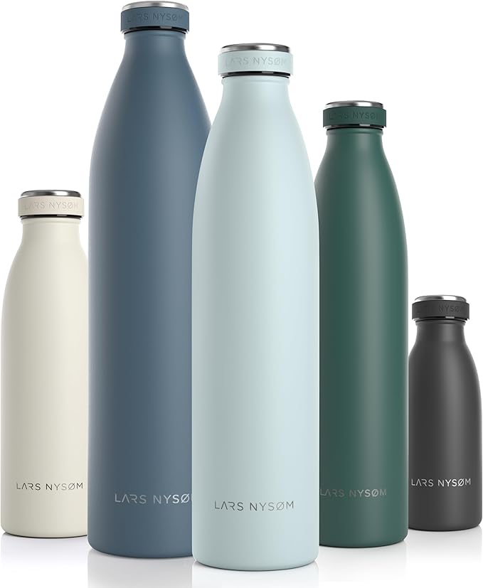 LARS NYSØM Stainless Steel Insulated Water Bottle 12oz 17oz 25oz 34oz 51oz | BPA-free Insulated Thermo Flask for Hot and Cold Beverages | Leakproof Drinking Bottle (Whispering Blue, 34oz)