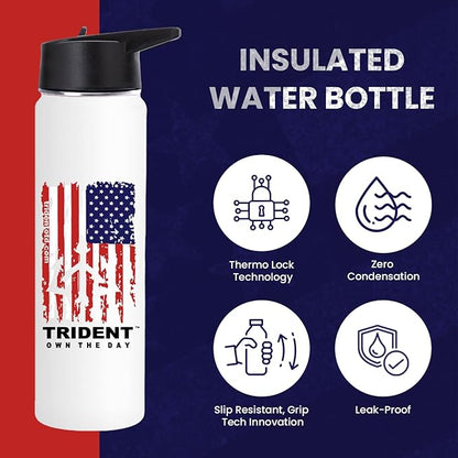 American Flag Water Bottle, 21 oz Insulated Water Bottle, Reusable Water Bottle with Straw, Leak Proof Water Bottles, Thermos Water Bottle - Retired Navy Combat Vet Small Business (White, 21 Oz)