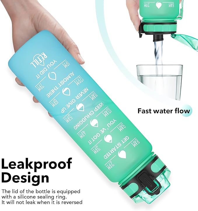 32oz Motivational Water Bottle with Time Marker & Fruit Strainer, Leak-proof BPA Free Non-Toxic Bottle with Carrying Strap, Perfect for Fitness, Gym and Outdoor Sports
