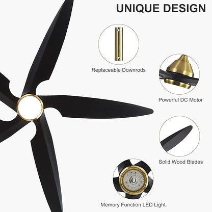 64 Inch Modern Ceiling Fan with Lights and Remote, 5 Wood Blades, 6-Speed Noiseless Reversible DC Motor with Replaceable Downrods for Bedroom Living Room Dining Room, Gold and Black