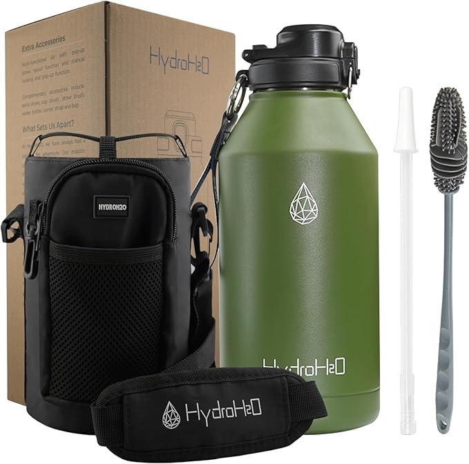 64 oz Insulated Water Bottle With Straw Pop-up & Auto Spout Lid, Flex Handel, Waterbottle Strap Carrier, Half Gallon Stainless Steel Water Hydro Jug Thermo Flask(Chive Green)