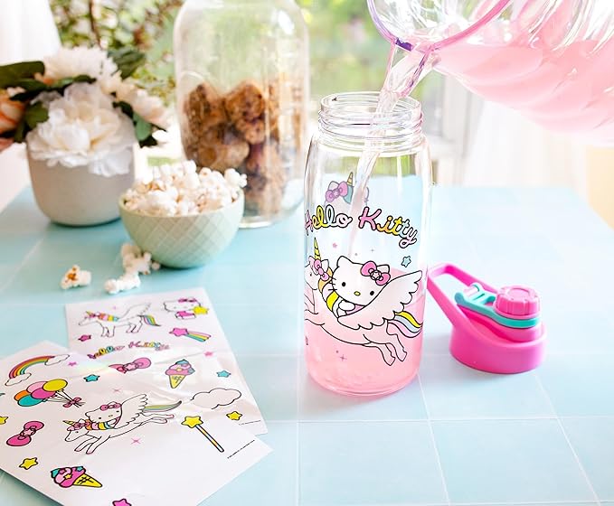 Sanrio Hello Kitty Unicorn Twist Spout Plastic Water Bottle Jug and Sticker Set For Personalizing | Holds 20 Ounces