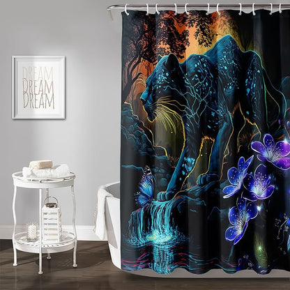 AILONEN Black Panther Shower Curtain,Glowing Panther Print Bath Curtain for Kids Boys Men,Wildlife Forest Cheetah Leopard Waterproof Shower Curtain for Bathroom, 48" W x 72" H