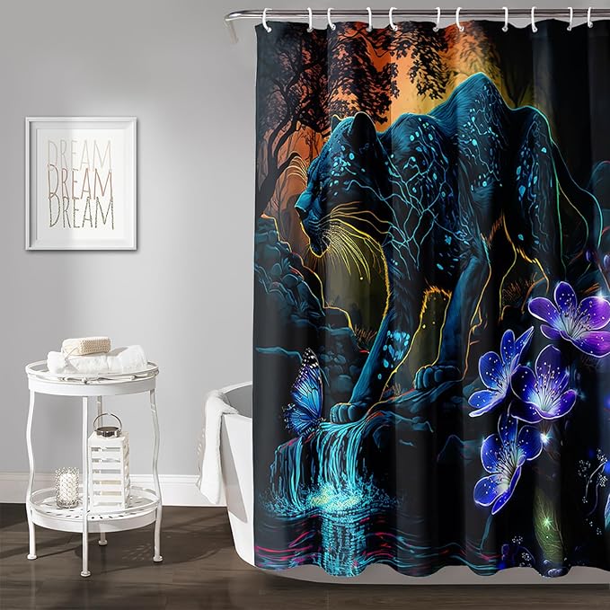 AILONEN Black Panther Shower Curtain,Glowing Panther Print Bath Curtain for Kids Boys Men,Wildlife Forest Cheetah Leopard Waterproof Shower Curtain for Bathroom, 72" W x 78" H