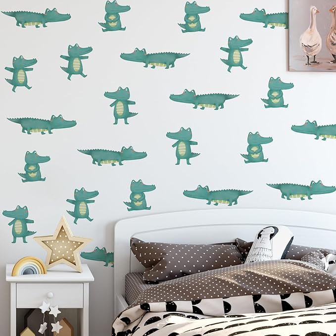 5 Sheets Cartoon Animal Wall Decal Removable DIY Green Small Crocodile Wall Decal Peel and Stick Jungle Animals Wall Stickers Wall Art for Baby Nursery Bedroom Living Room Playroom Decor