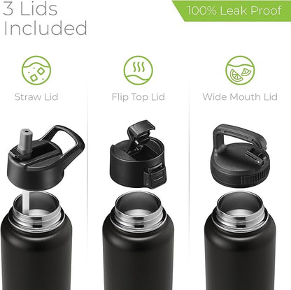 SipX™ Triple-Insulated Stainless Steel Water Bottle 40oz. With 3 Lids, BPA-Free Reusable Insulated Water Bottle Keeps Cold 24 Hours, Metal Water Bottle Made Of Sustainable Material For Hiking & Biking
