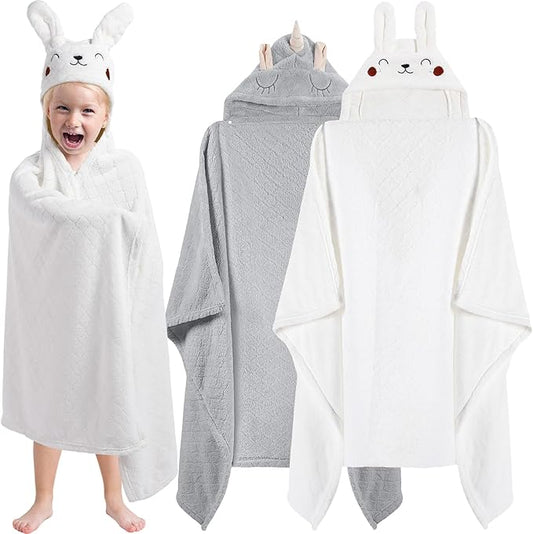 2 Pcs Toddler Hooded Bath Towel 50" x 32'' Thick Animal Hooded Towel for Kid Absorbent Baby Bath Towel Bathrobe Blanket for Boy Girls 0-5 Years(Light Grey, White, Unicorn, Rabbit)