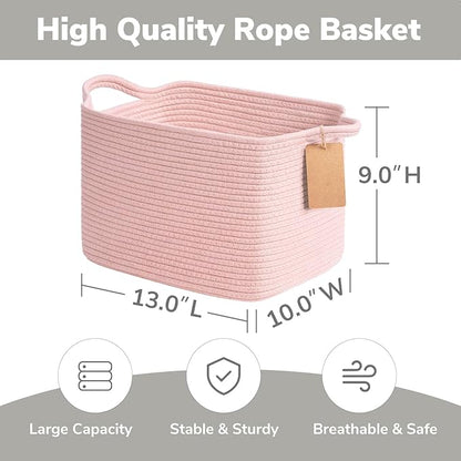 Goodpick Woven Storage Basket for Shelves, Small Baskets for Organizing, Rectangle Baby Nursery basket, Towel Baskets for Bathroom, Living Room, 13 x 10 x 9 Inches, Light Pink