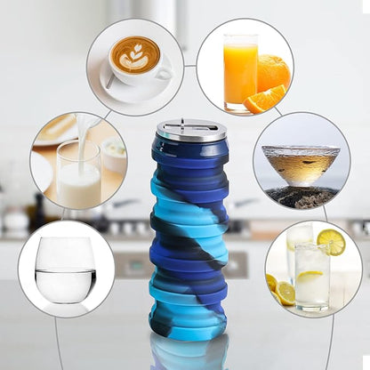 BeHeSo Collapsible Water Bottles with Silicone Brush - Straw Silicone Foldable Water Bottle Reusable Camping Cup Leak Proof Portable Travel Sport Water Bottle-500ml/17oz (Blue Camo)